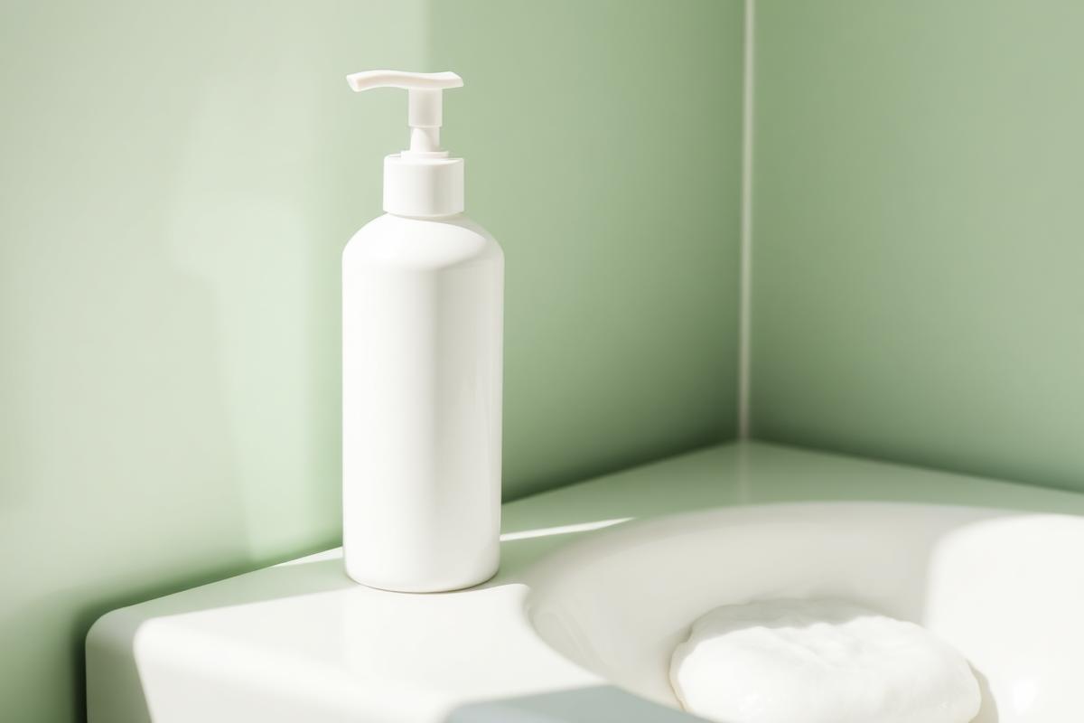 White pump cleanser bottle beside a soft foam lather swirl on a sage green ledge