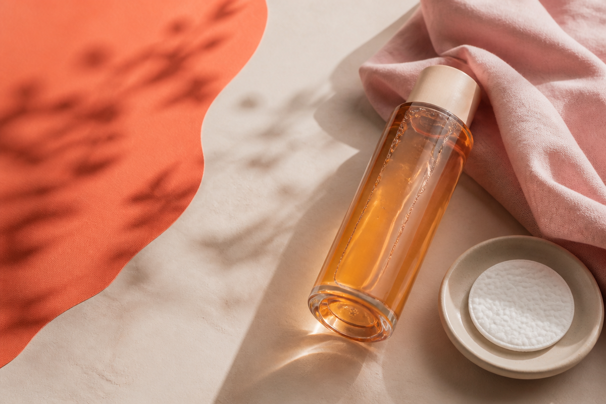 Clear bottle of amber toning solution lying on pale plaster beside blush linen and a cotton pad in a ceramic saucer
