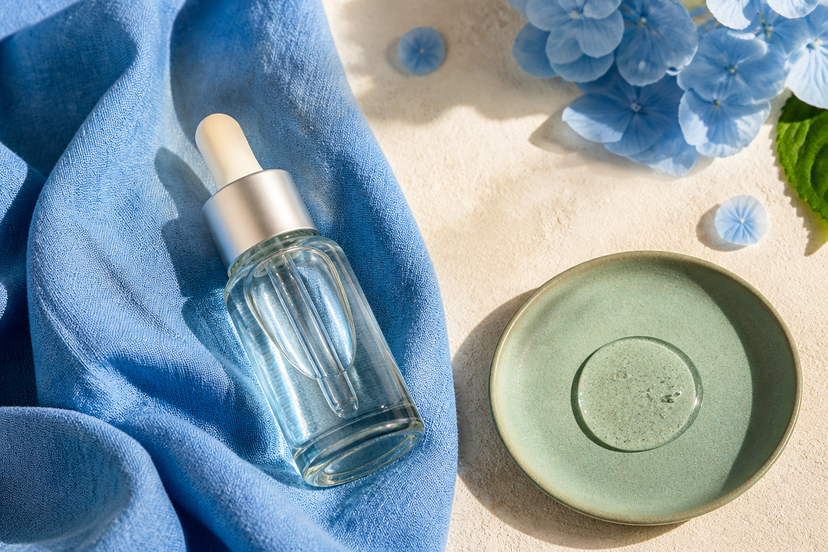 Glass dropper bottle of clear hydrating serum on soft blue linen beside a sage ceramic dish holding a gel droplet
