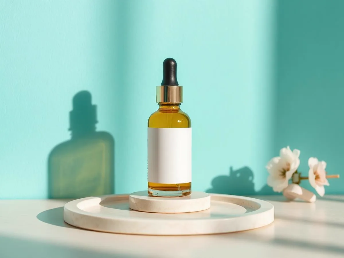 Glass dropper bottle of clear niacinamide serum on warm terracotta tile in daylight