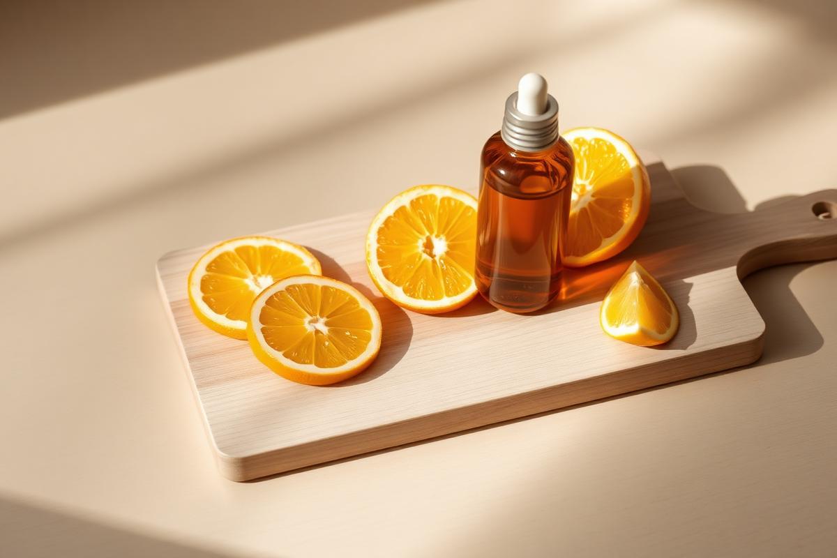 Amber vitamin C serum bottle beside fresh citrus slices on a pale oak board