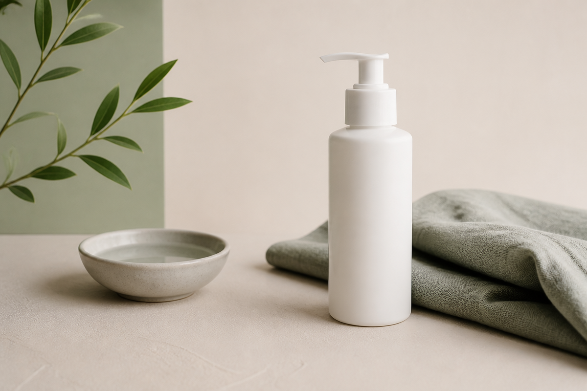Plain white pump cleanser bottle on smooth plaster beside sage linen and a small bowl of clear water