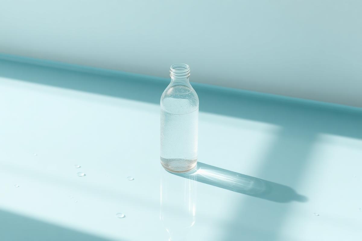 Clear glass bottle of watery hydrating booster on a pale blue surface with water droplets