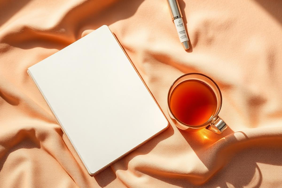 Open notebook and a cup of tea beside a serum bottle, representing the skincare blog
