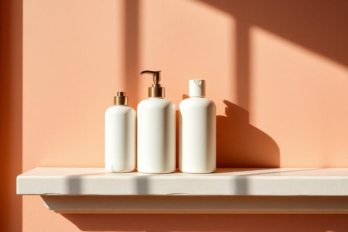 Row of unlabeled skincare bottles on a cream shelf against a peach wall, representing the routine guides