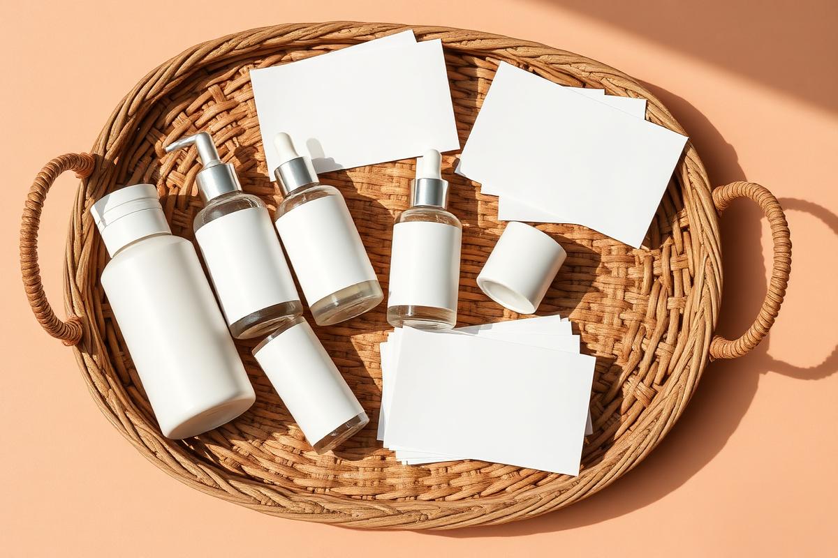 Woven tray of unlabeled skincare bottles and blank cards, representing your saved routine library