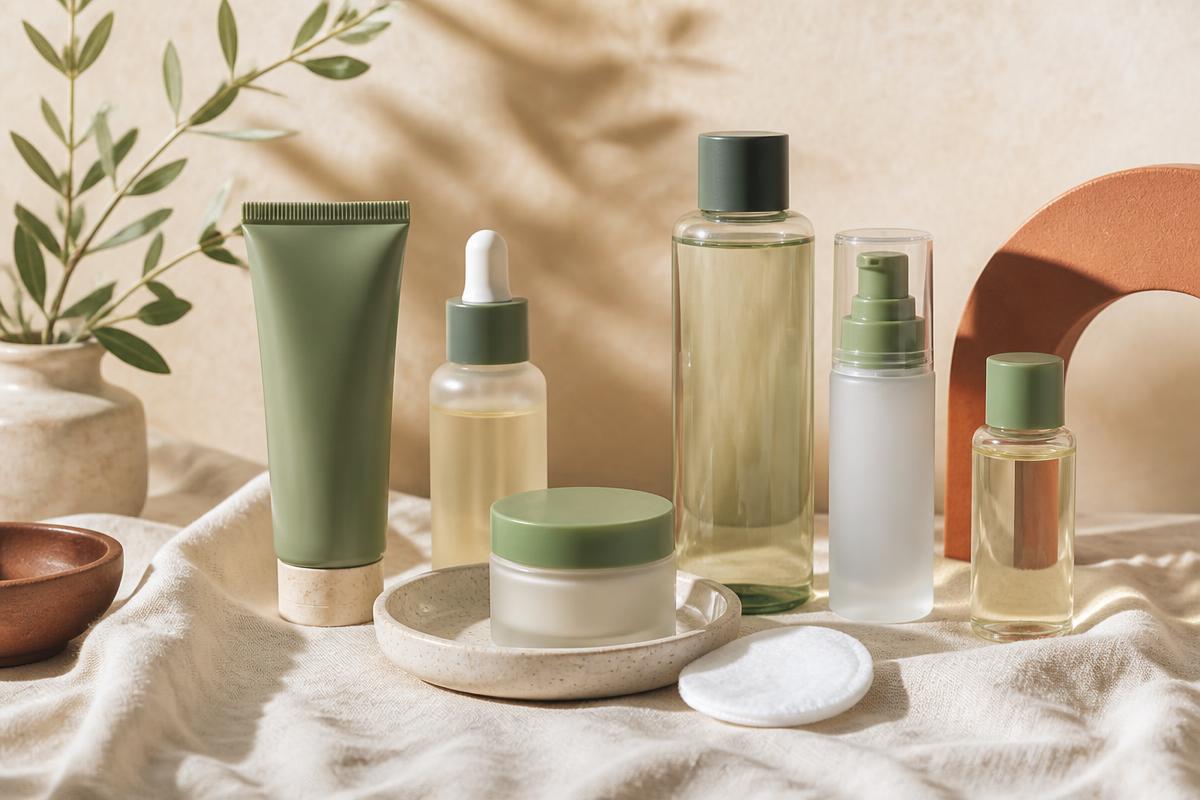 Curated skincare routine products arranged on cream linen with sage green and terracotta accents