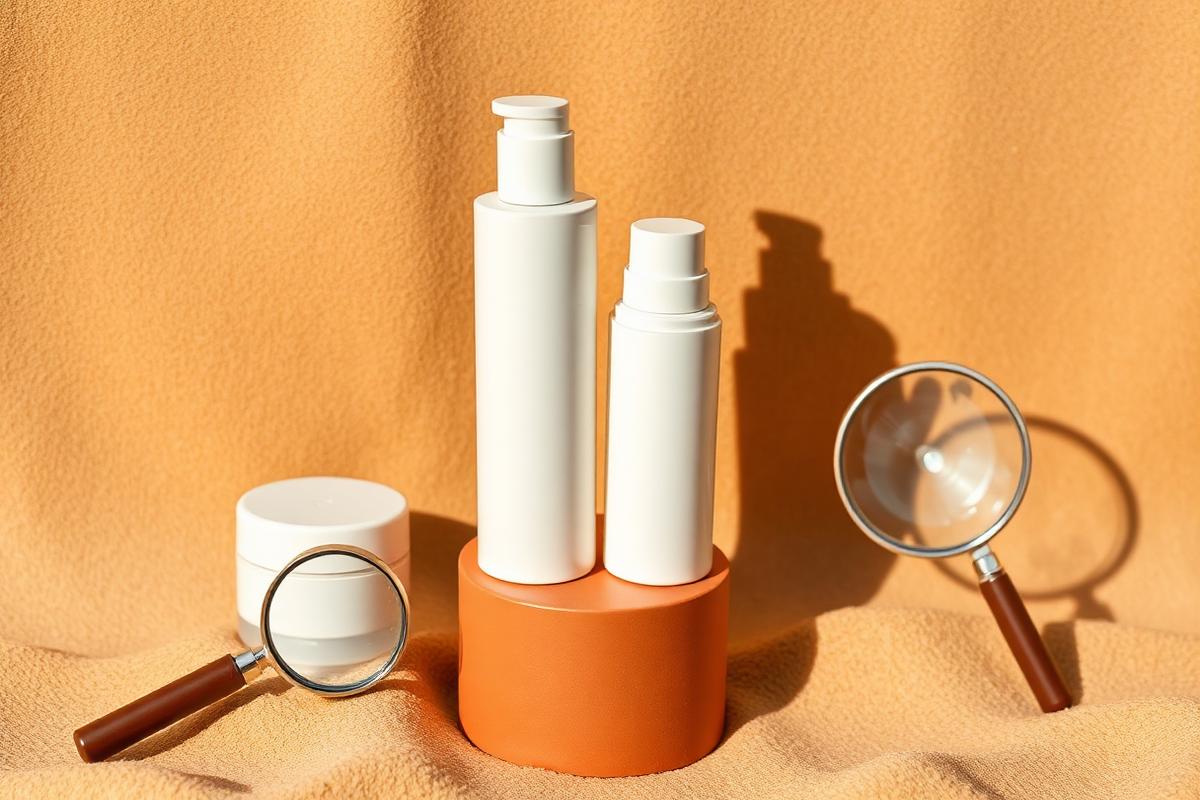 Three unlabeled skincare products on a terracotta pedestal with a magnifying glass, representing product reviews