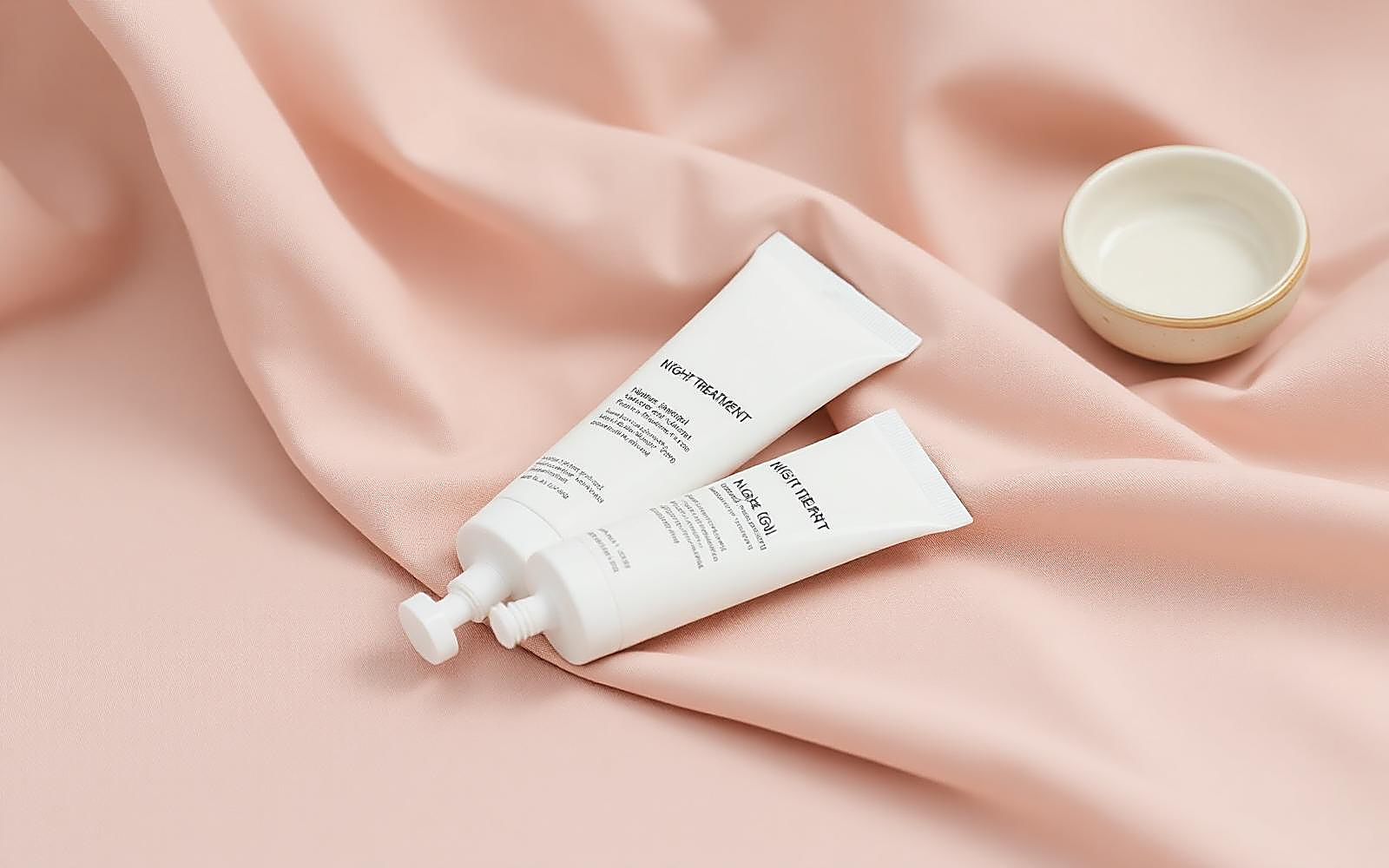 Two plain white treatment tubes laid diagonally on soft blush fabric beside a small ceramic dish