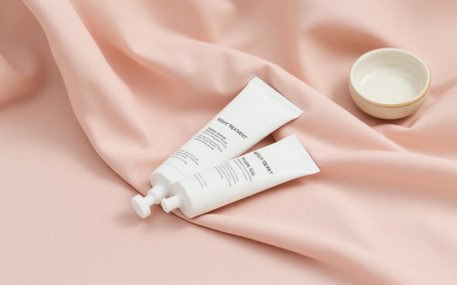 Two plain white treatment tubes laid diagonally on soft blush fabric beside a small ceramic dish