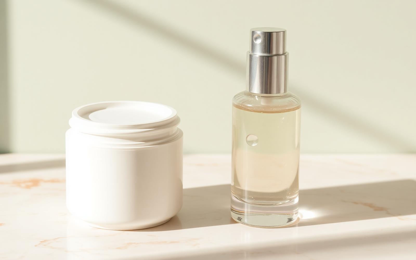 A plain white moisturizer jar beside a clear glass serum bottle on cream marble in soft daylight