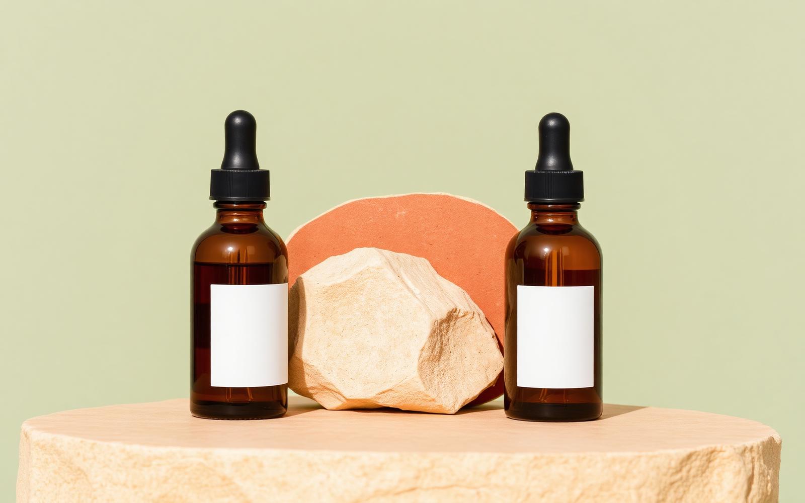 Two amber dropper bottles with blank labels on a cream stone plinth with a terracotta disc between them