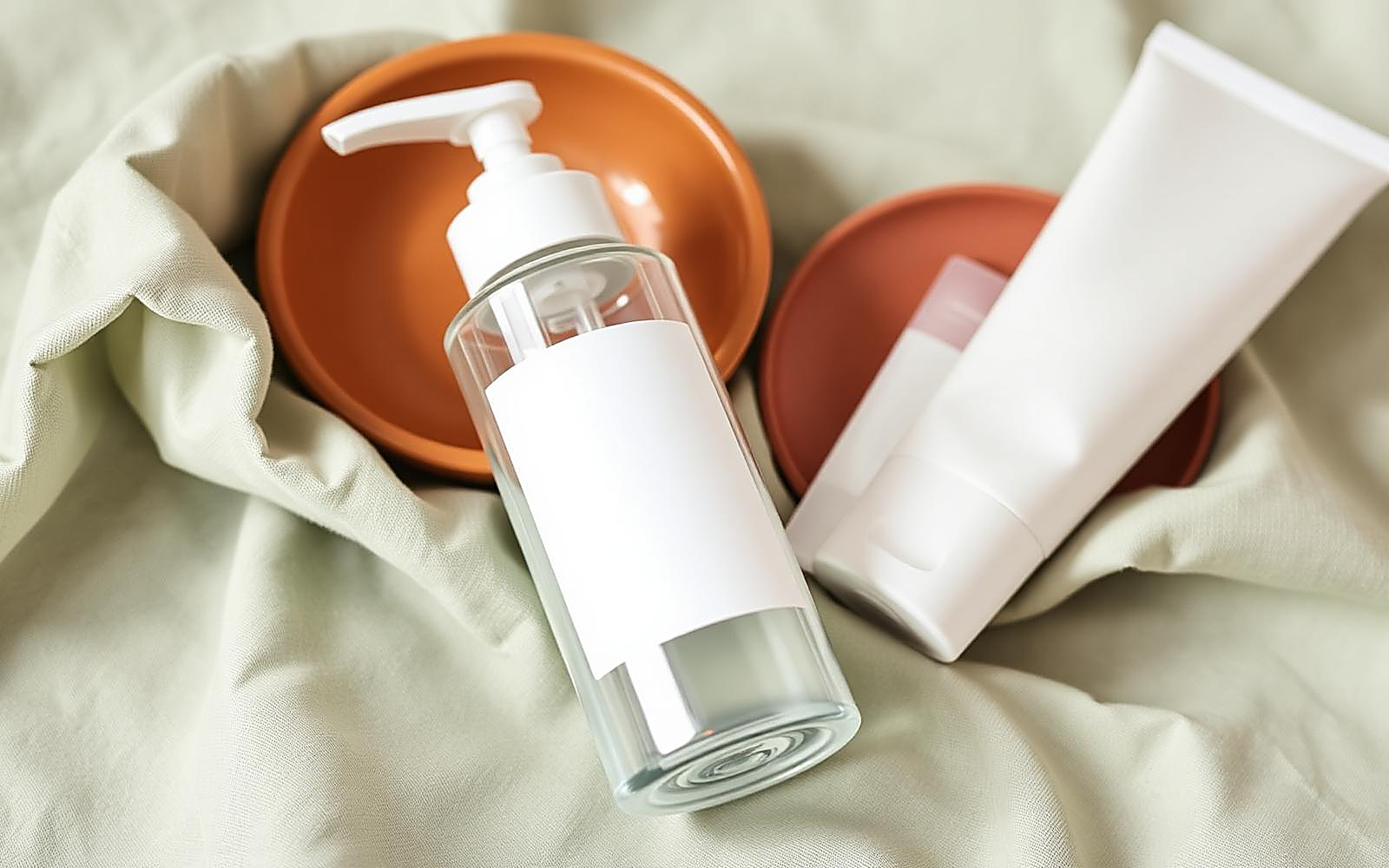 A clear pump bottle with a blank label and a plain white cream tube resting on sage green linen with terracotta dishes