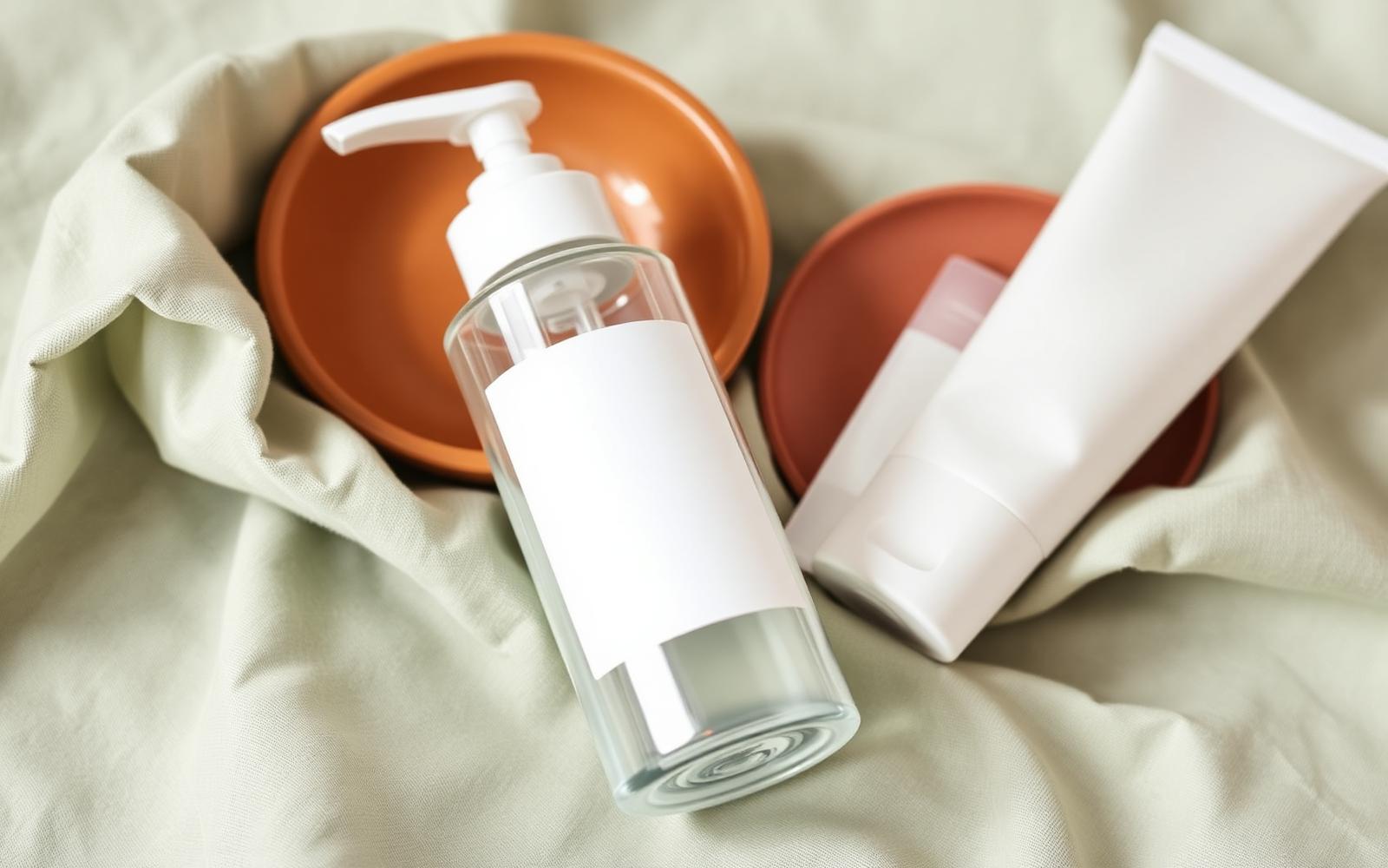 A clear pump bottle with a blank label and a plain white cream tube resting on sage green linen with terracotta dishes
